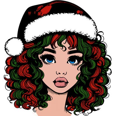 realistic girl with a santa hat curly hair and lips