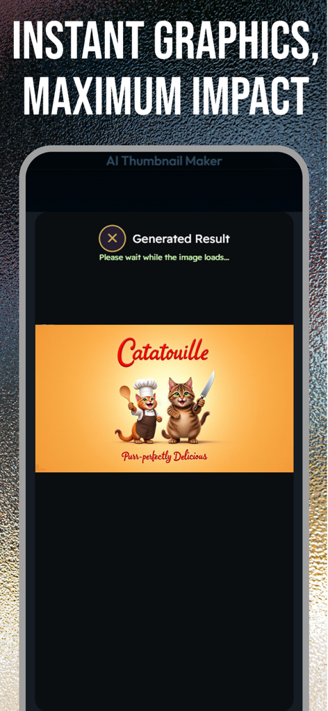 Thumbnail Maker: YT Studio Art - La pantalla de un smartphone que muestra una miniatura de YouTube generada por IA con dos gatos chefs para Catatouille.