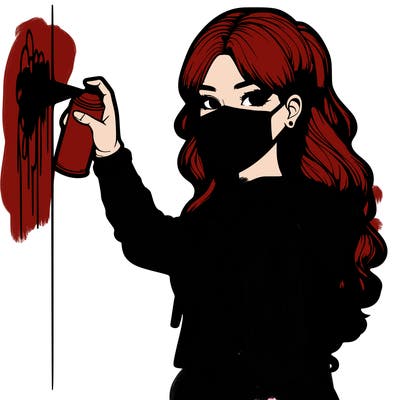 realistic girl with mask spray painting a wall