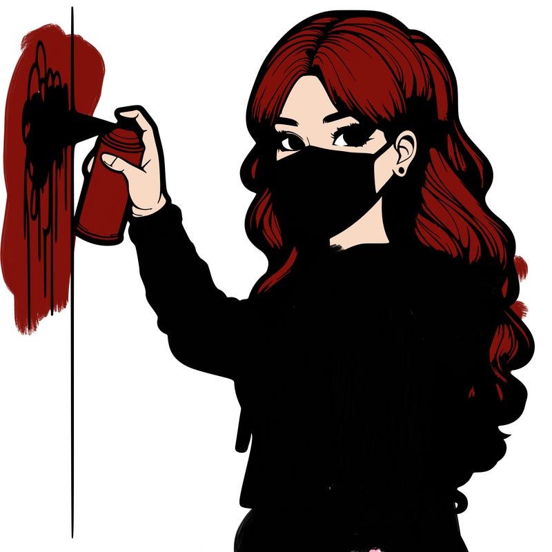 realistic girl with mask spray painting a wall