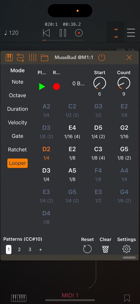 MuseBud - AUv3 MIDI Generator - The MuseBud app interface showing the looper section with generated MIDI notes and sequence controls.