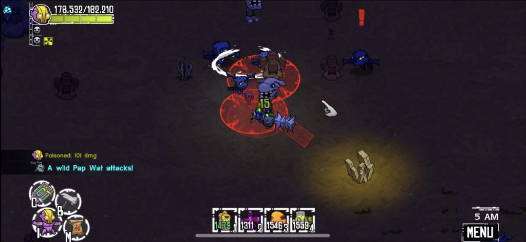 Crashlands - A character fighting alien creatures in a dark environment with skill-based combat indicators in the game Crashlands.