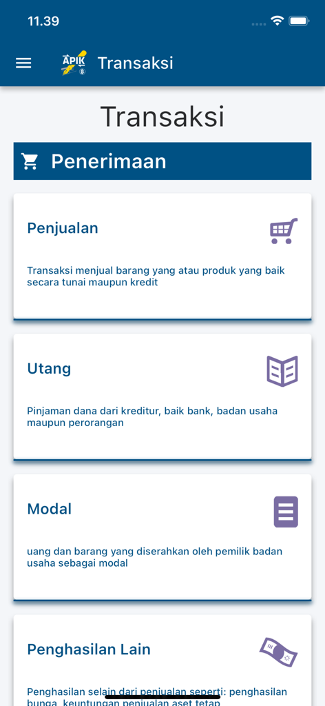 SIAPIK BI mobile app interface showing business transaction categories including sales, debt, capital, and other income