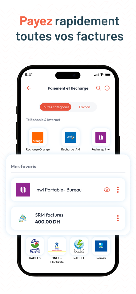 Attijari Mobile - Capture d'écran de l'application mobile Attijari pour le paiement des factures de services publics et le rechargement des téléphones au Maroc