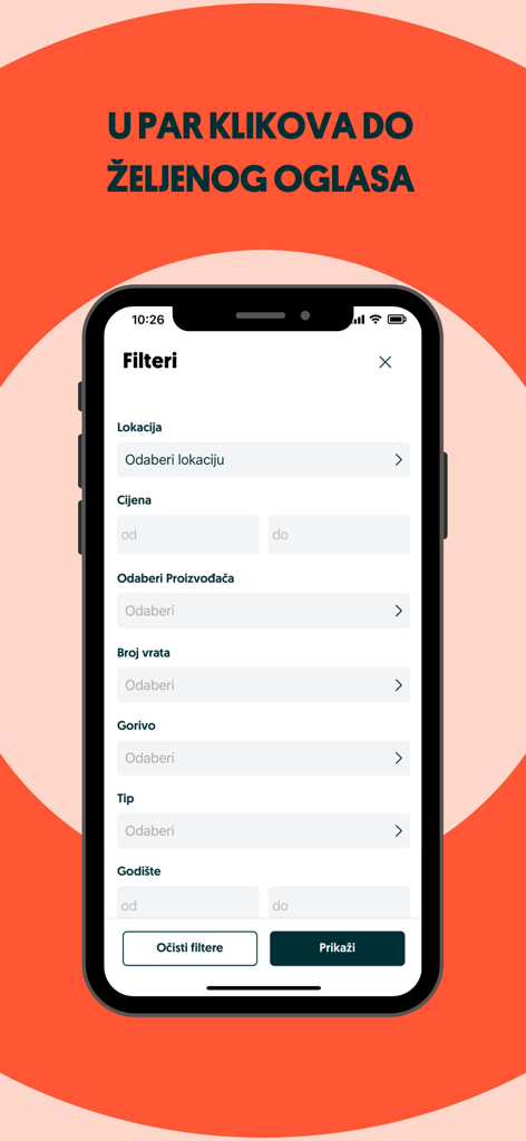 Search filters screen on the OLX BiH mobile app for finding items and vehicles