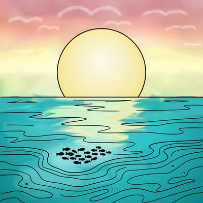 make a peaceful beach with no people on it or big sea creatures just like a little group of small fish’s silhouette s🐠 with a beautiful big sun setting ❤️🌅 with zero lines around the sun and make the view from straight on the sand