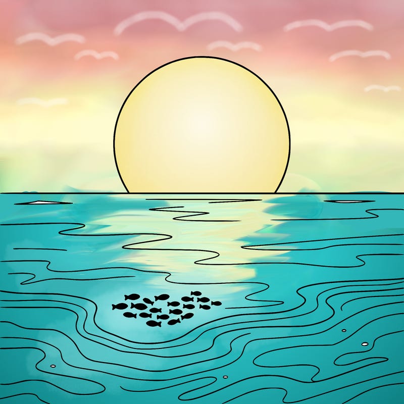 make a peaceful beach with no people on it or big sea creatures just like a little group of small fish’s silhouette s🐠 with a beautiful big sun setting ❤️🌅 with zero lines around the sun and make the view from straight on the sand