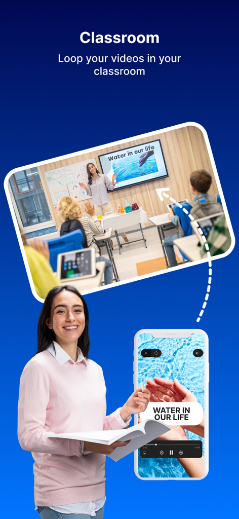 Loopideo Pro - Loop Videos - Un profesor usando Loopideo Pro para repetir vídeos educativos en una pantalla de aula.