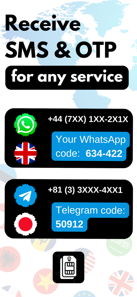 SMS Online - SMS Verification - Mobile App-Oberfläche, die virtuelle Telefonnummern und Verifizierungscodes für WhatsApp und Telegram anzeigt