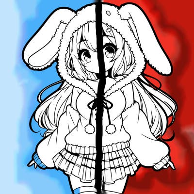 pretty anime girl wearing a fluffy hoodie with bunny ears on the hood and a skirt