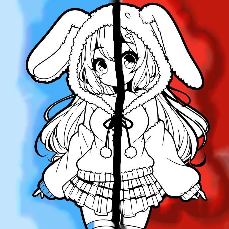pretty anime girl wearing a fluffy hoodie with bunny ears on the hood and a skirt