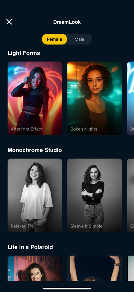 Photo Lab app interface displaying DreamLook filter categories like Light Forms and Monochrome Studio with female portrait examples