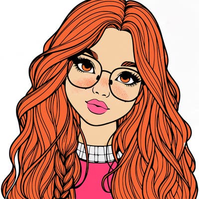 girl with long hair and freckles and glasses realistic