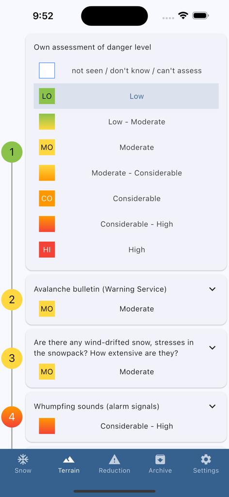 Nivocheck 1.0 - Nivocheck app screen for assessing local avalanche danger level