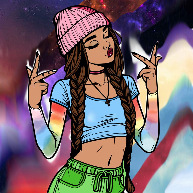 realistic teenage girl with braids and a beanie and crop top doing 🫶🏼