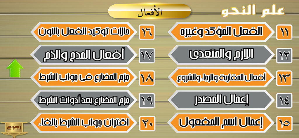 علم النحو - Interface of the Arabic Grammar app showing a list of interactive lessons about verbs