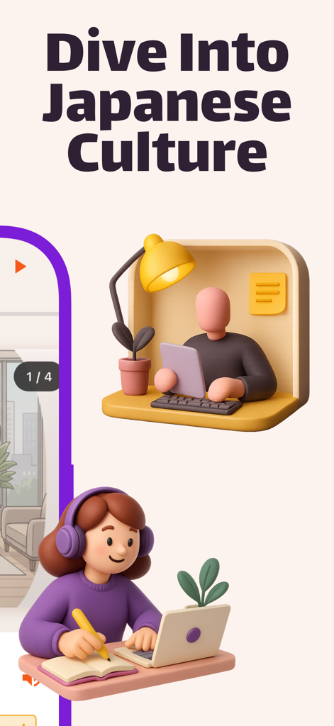 Una pantalla promocional que muestra a estudiantes inmersos en la cultura japonesa con historias