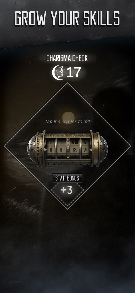 Murder Mystery Detective Story - Charisma-Fertigkeitsprüfungsbildschirm mit einem mechanischen Kryptex und Stat-Boni in Mordgeheimnis-Detektivgeschichte.