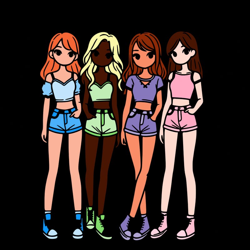 a group of girls wearing crop tops and shorts