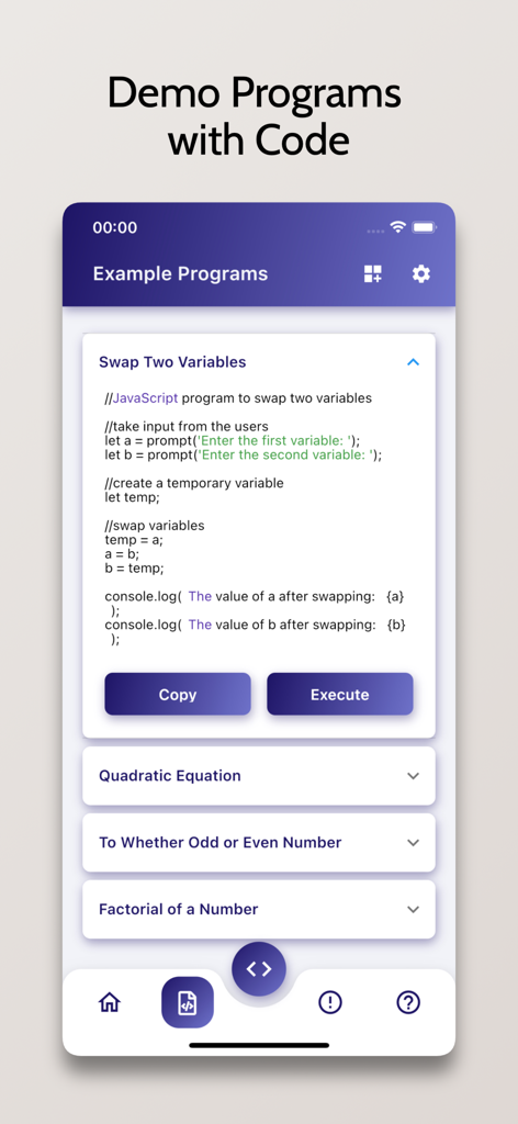 Interface do aplicativo JavaScript Compiler mostrando programas de exemplo e código para trocar duas variáveis.