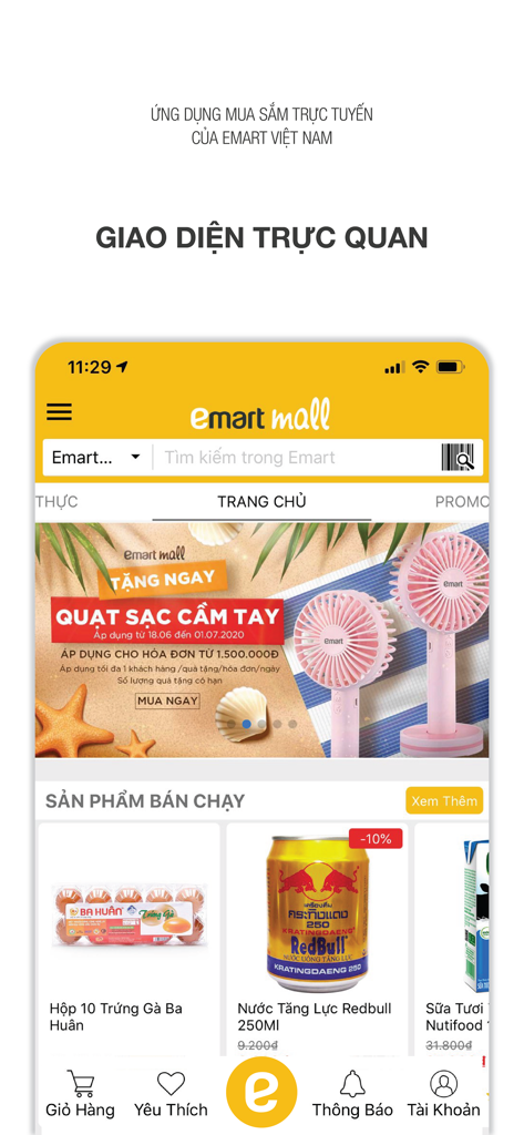 Emartmall VNショッピングアプリのホーム画面で、ベストセラーの食料品と直感的なインターフェースを表示。