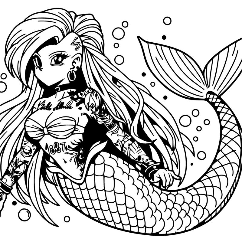 dbz anime beautiful punk mermaid, long hair, mermaid tail, covered in tattoos, swimming underwater