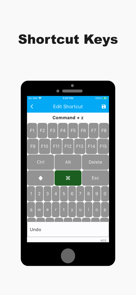 Bluetouch™ - Mobile app screen for configuring custom keyboard shortcut keys