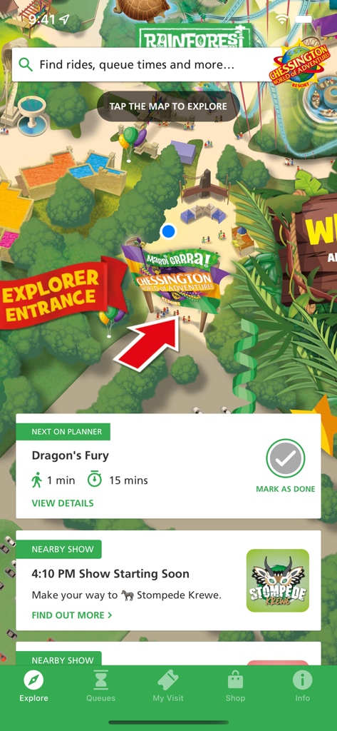 Chessington Resort mobile app screen displaying an interactive theme park map with live ride wait times and show schedules