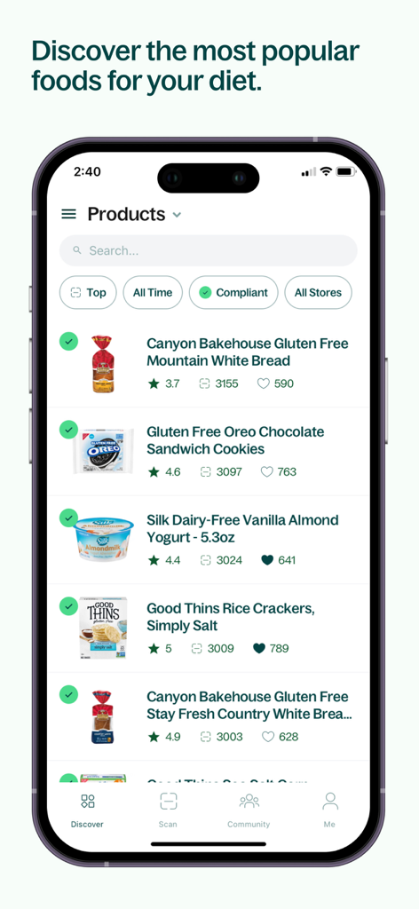 Spoonful: Food Scanner - Spoonful app interface showing a list of popular diet compliant food products like gluten free bread and dairy free yogurt with user ratings.