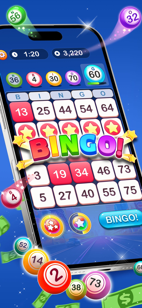 Un smartphone affichant une carte de bingo vibrante avec un message de bingo gagnant et des boules de jeu colorées.
