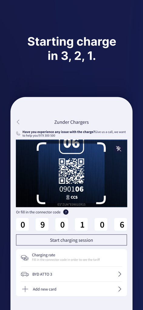Zunder app interface showing a QR code scanner and manual entry to start an electric vehicle charging session.