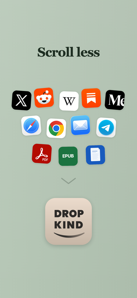 DropKind: Send to Kindle - Graphic of social media and browser icons pointing to the DropKind logo with the text Scroll less
