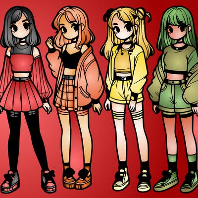 one girl with crop-top shirt and a jacket with a skirt, long socks and another girl with a shirt and pants with a jacket