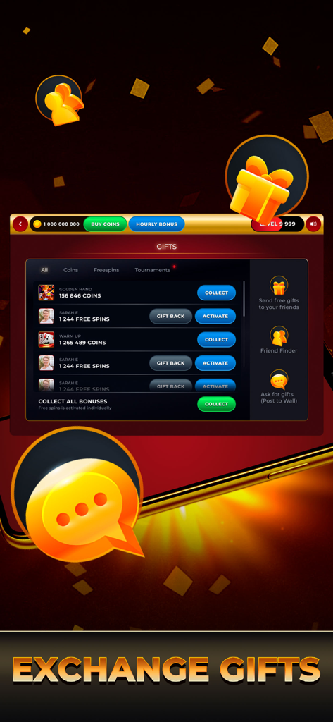 Clickfun: Casino & Slots Mania - Clickfun Casino app screen showing the Exchange Gifts menu where players can collect coins and free spins from their friends
