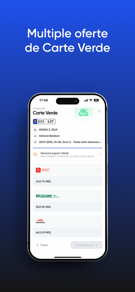 Omnis - Asigurări Online - Interfaz de la aplicación Omnis mostrando una comparación de precios de seguros de Tarjeta Verde para un vehículo específico.