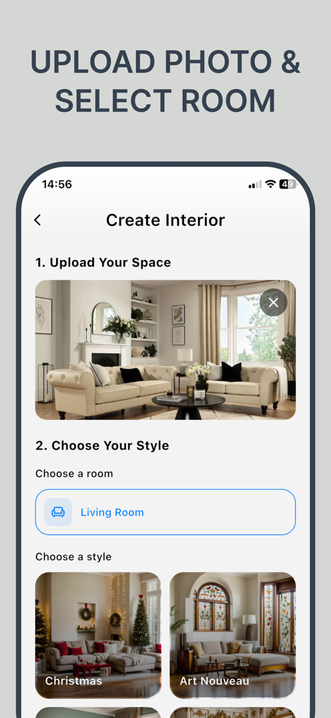 AI Home Deco Makeover Redecor - A mobile app screen showing the process of uploading a room photo and selecting an interior design style.
