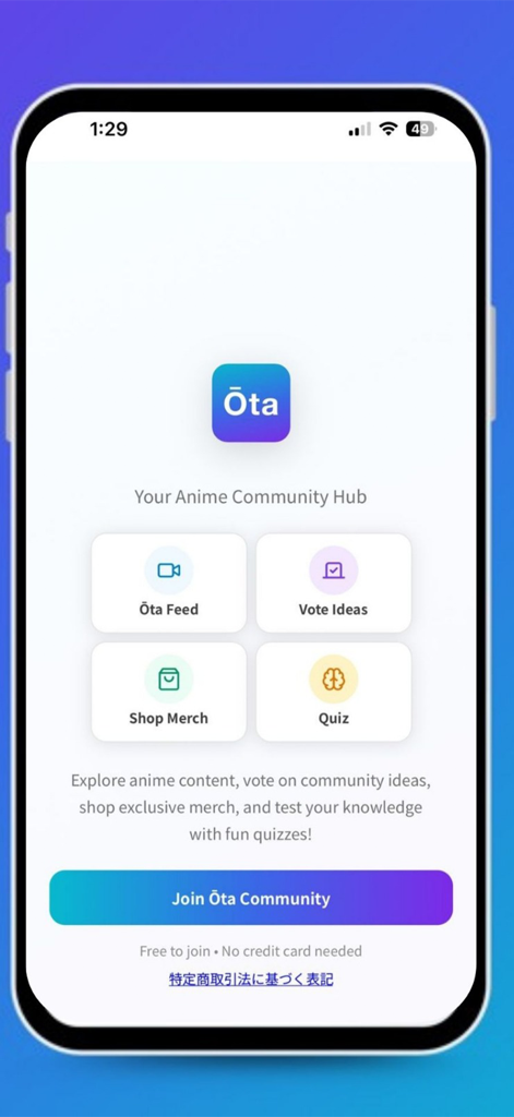 Ota Life - Pantalla de bienvenida de la app Ota Life mostrando opciones para feed de anime, votación de ideas, tienda de merchandising y concursos.