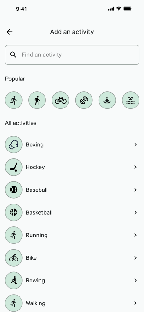 Propulsion - Interface for choosing and adding different sports and physical activities in the Propulsion app.