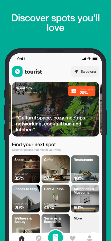 Tourist.com - Tourist app home screen showing travel discounts for various categories in Barcelona
