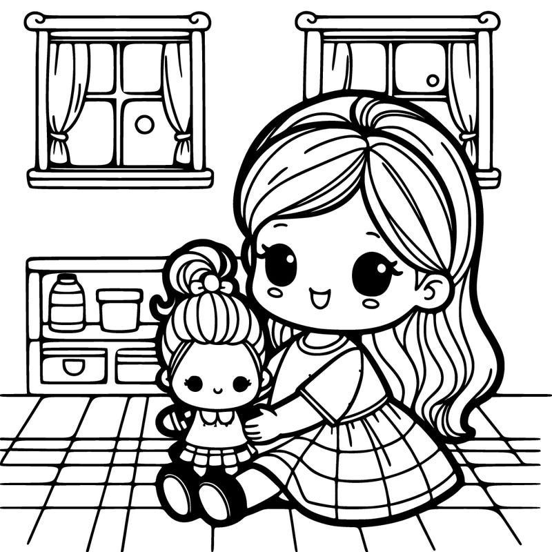 girl with doll in hand also windows in the back