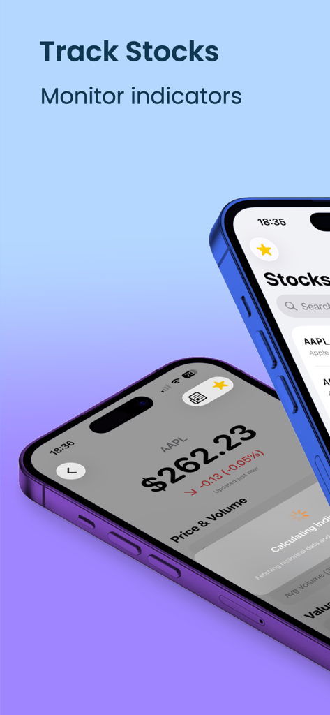 Stock Screener - AI Analysis - Interfaz de la aplicación móvil que muestra el precio de las acciones de Apple y funciones de seguimiento de indicadores del mercado