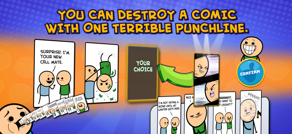 Gameplay screen of Joking Hazard app showing comic panels and the option to choose a funny punchline.