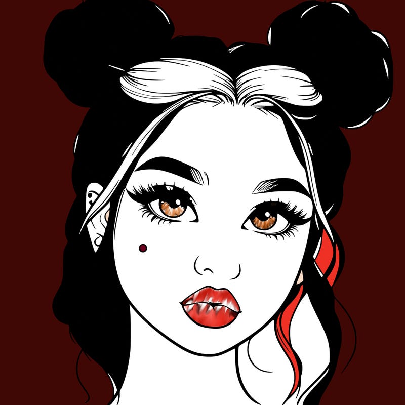 realistic girl with two buns on her hair and lips
