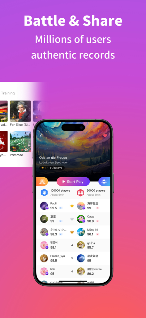 A smartphone displaying the POP Piano app leaderboard and social ranking feature