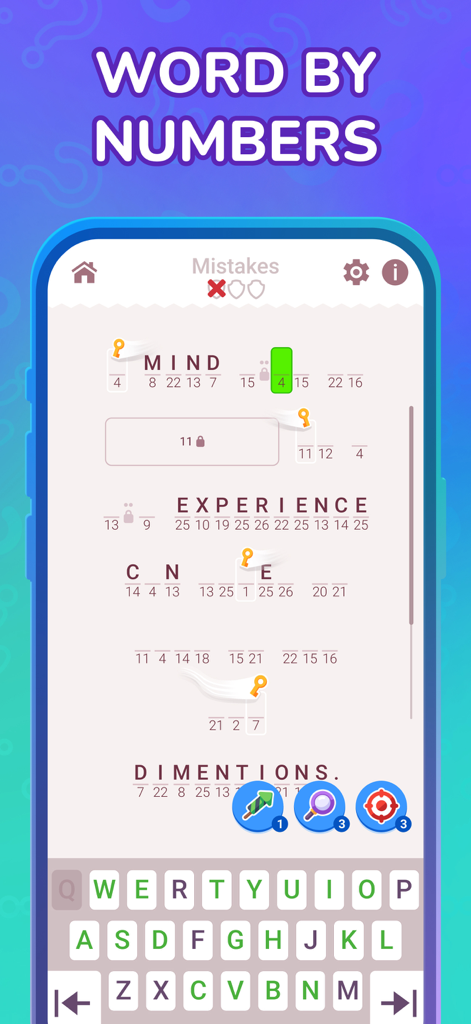Worder: Logic Word Search Game - Gameplay screen of Worder Logic Word Search showing a phrase being decoded using number ciphers.