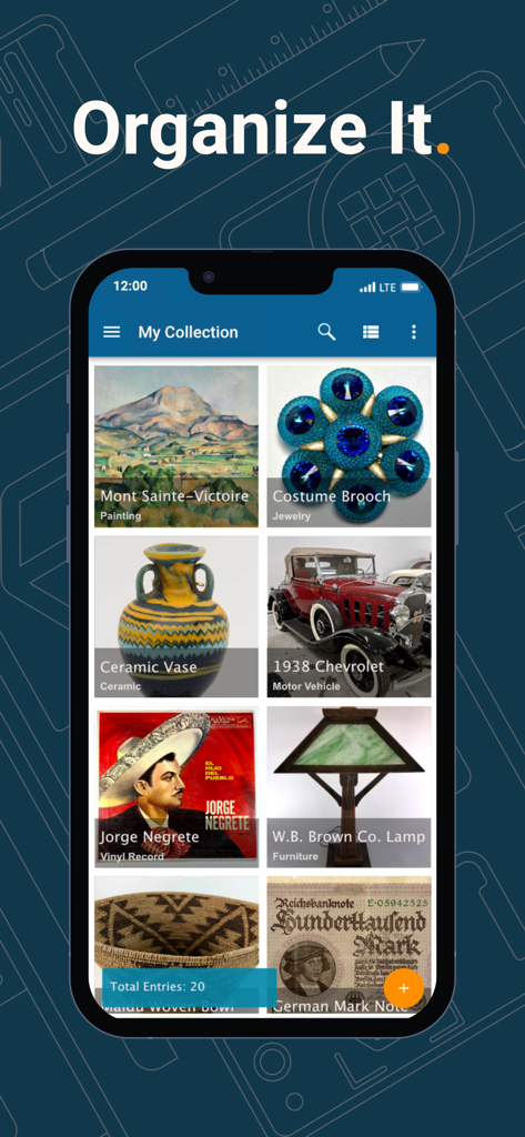 CatalogIt: Manage Collections - CatalogIt app interface displaying a visual catalog of various collected items including fine art jewelry and vintage cars