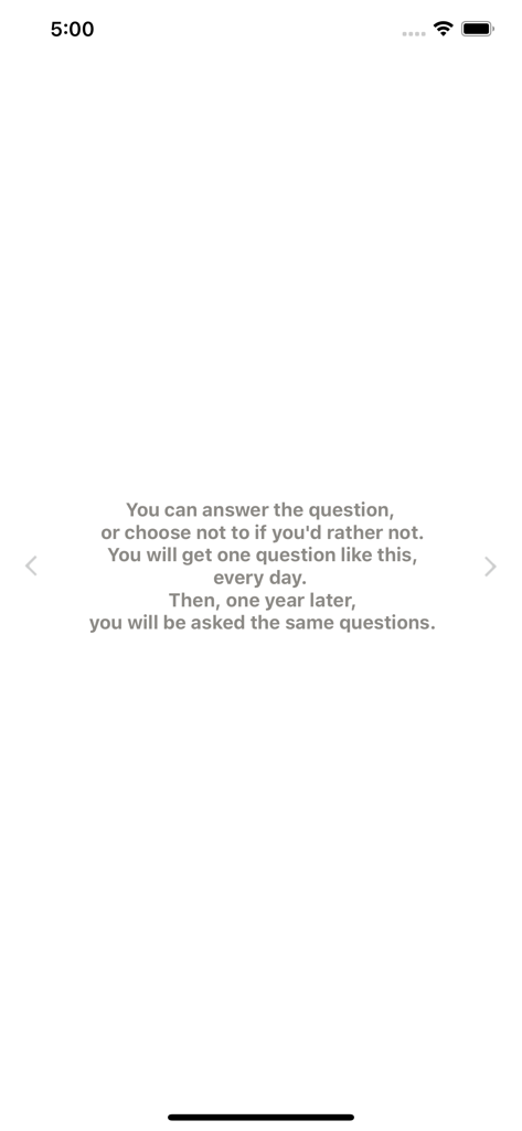 Question Diary - Introductory screen of Question Diary app explaining the daily question and yearly reflection concept