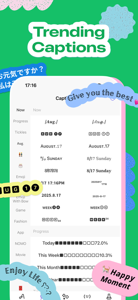 Beauty Fonts - Font Keyboard - Interface of Beauty Fonts app showing trending captions and aesthetic text styles for dates and progress bars