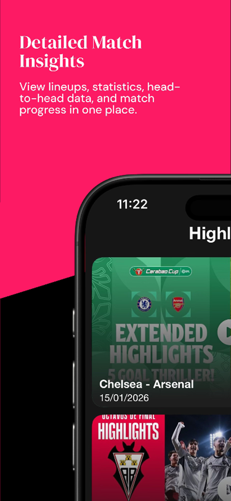Football Live TV HD : Score - Captura de pantalla de la aplicación Football Live TV HD que muestra análisis detallados de partidos de fútbol y resúmenes extendidos