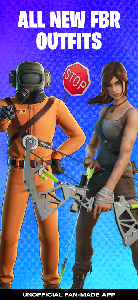 A showcase of new character outfits and skins for FBR featuring various game-inspired designs